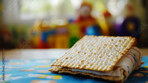 A wrapped piece of matzah (afikoman) placed on a table, with childrenâ€™s toys in the background, symbolizing the Passover search, clean and playful style photo