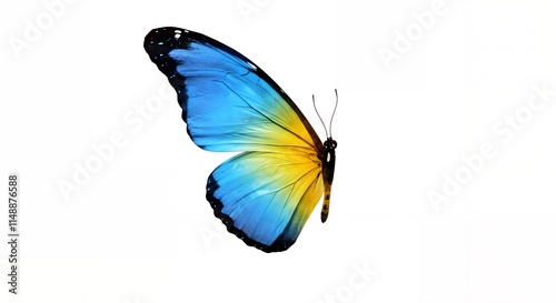 Very beautiful blue yellow orange butterfly in flight isolated on a white background.