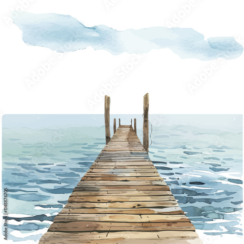 A watercolor painting of a wooden pier extending into a tranquil sea, isolated on a white background. Pier vector.

