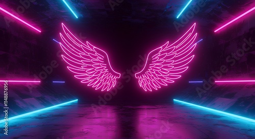vibrant neon angel wings on uv geometric background - cyberspace futuristic concept in pink and blue lights.