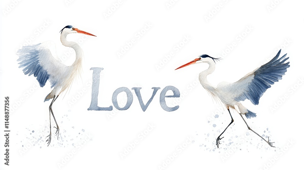 Obraz premium Watercolor Herons Love - Two graceful herons, wings outstretched, form the word 