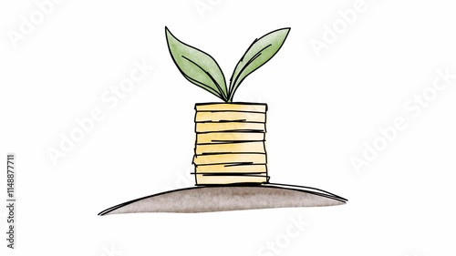 Stack of coins on which a sprout grows. Video clip with alpha channel.