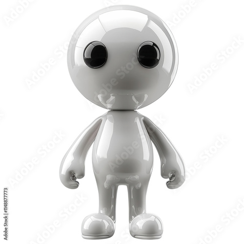 A white, 3D cartoon character with black eyes stands on a white background