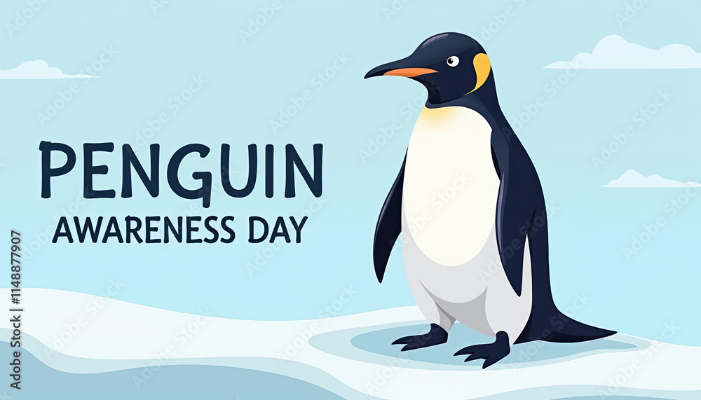 Obraz premium An eye-catching banner for Penguin Awareness Day featuring a penguin character in a snowy setting, highlighting the importance of wildlife education and conservation.