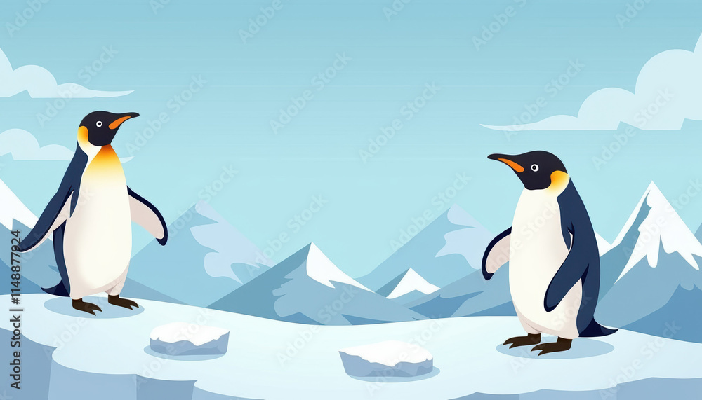 Fototapeta premium A colorful banner for Penguin Awareness Day featuring playful penguin characters, creating an engaging and informative design focused on conservation awareness.