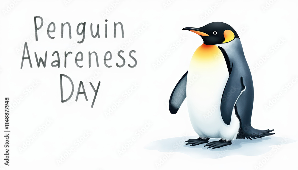 Fototapeta premium A minimalistic banner for Penguin Awareness Day with a clean design showcasing a playful penguin, emphasizing the importance of wildlife education.