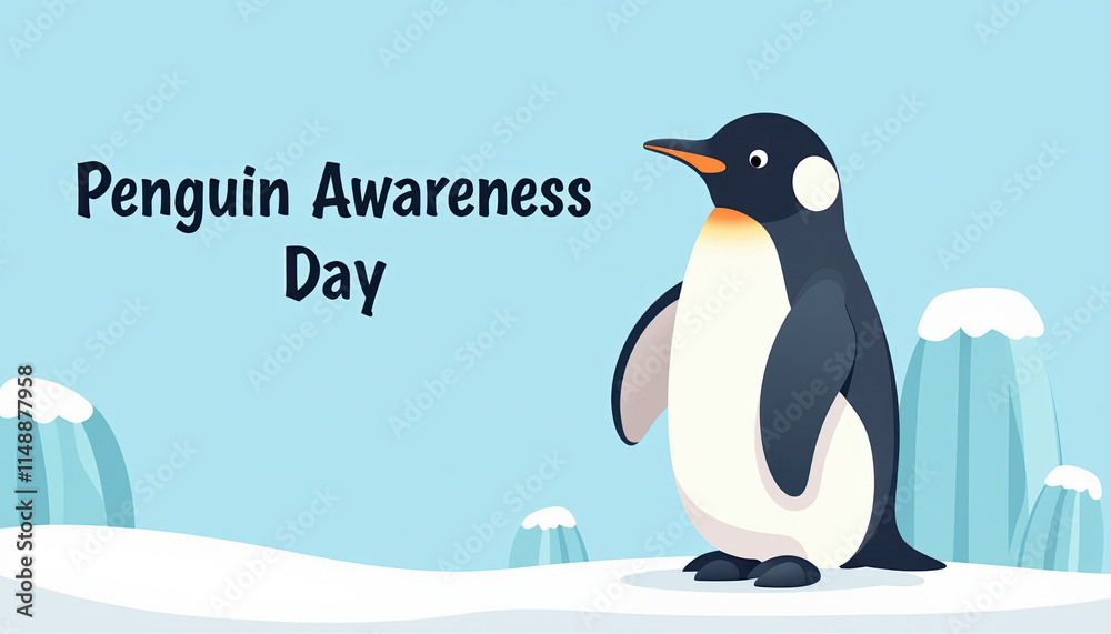 Obraz premium A colorful and playful banner for Penguin Awareness Day highlighting a charming penguin character, aimed at raising awareness about conservation efforts.