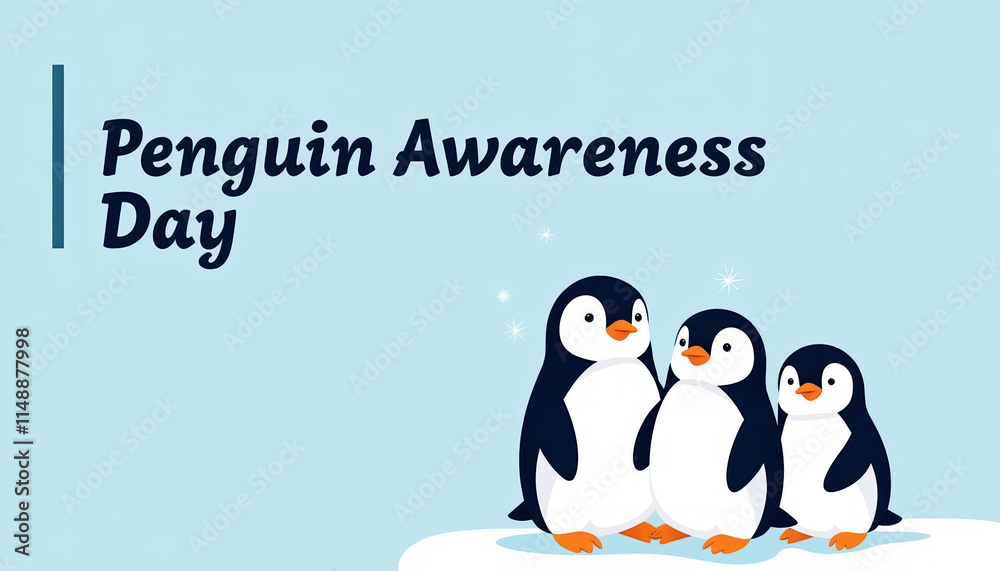 Obraz premium A vibrant banner for Penguin Awareness Day showcasing three adorable penguins, aimed at raising awareness and engaging the community in wildlife conservation efforts.