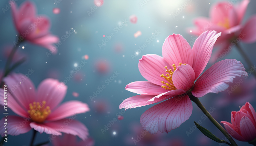 A light, glowing fantasy flower in the form of a gentle pink enthezi against a soft background illuminated by its petals, creating an ethereal glow that adds to its serene beauty. A light, glowing fantasy flower in the form of a gentle pink enthezi against a soft background illuminated by its petals, creating an ethereal glow that adds to its serene beauty.