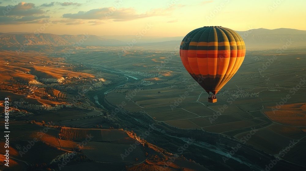 A colorful hot air balloon floats over scenic landscapes during sunset. A colorful hot air balloon floats over scenic landscapes during sunset.
