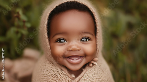 A close-up portrait of a smiling baby with bright eyes, wrapped in a soft pastel-colored blanket, with a blurred natural garden background that enhances the babyâs cheerful express photo