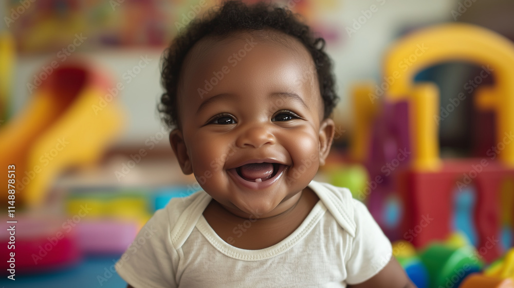 A baby smiling widely, wearing a simple onesie, surrounded by colorful toys, with a bright and vibrant playroom setting in the background for a lively composition. A baby smiling widely, wearing a simple onesie, surrounded by colorful toys, with a bright and vibrant playroom setting in the background for a lively composition.