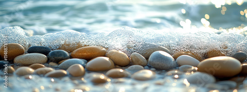 Smooth pebbles on a wet beach, natural texture with shiny surfaces photo