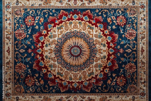 Close-up of a vibrant oriental carpet featuring an elaborate floral pattern and traditional design elements