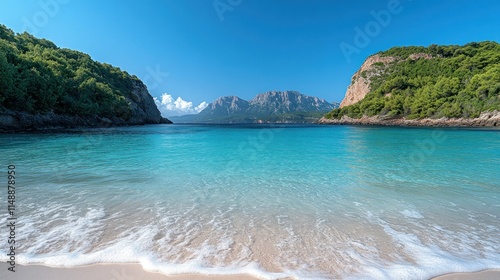 Secluded cove with turquoise water and white sand beach.