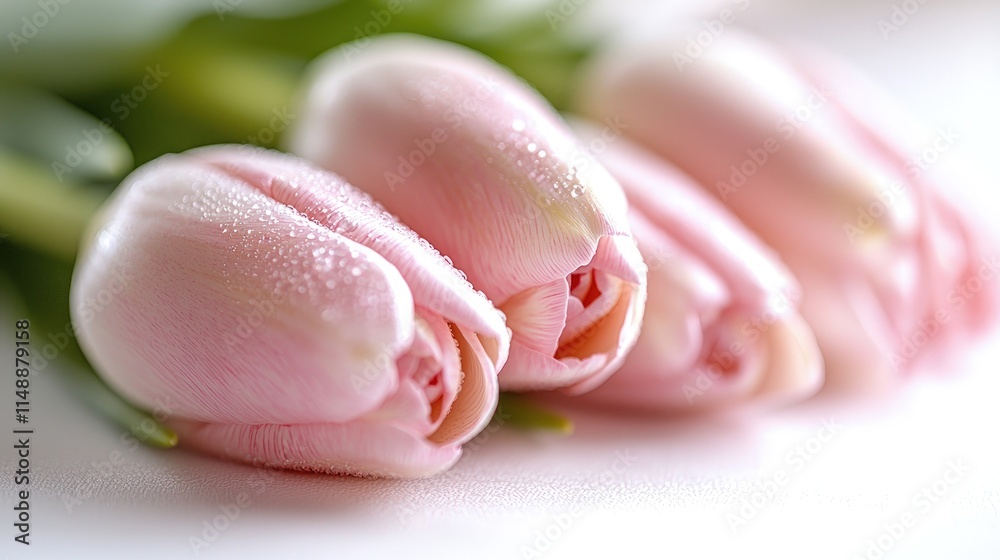 Close-up of three light pink tulips with water droplets. Close-up of three light pink tulips with water droplets.
