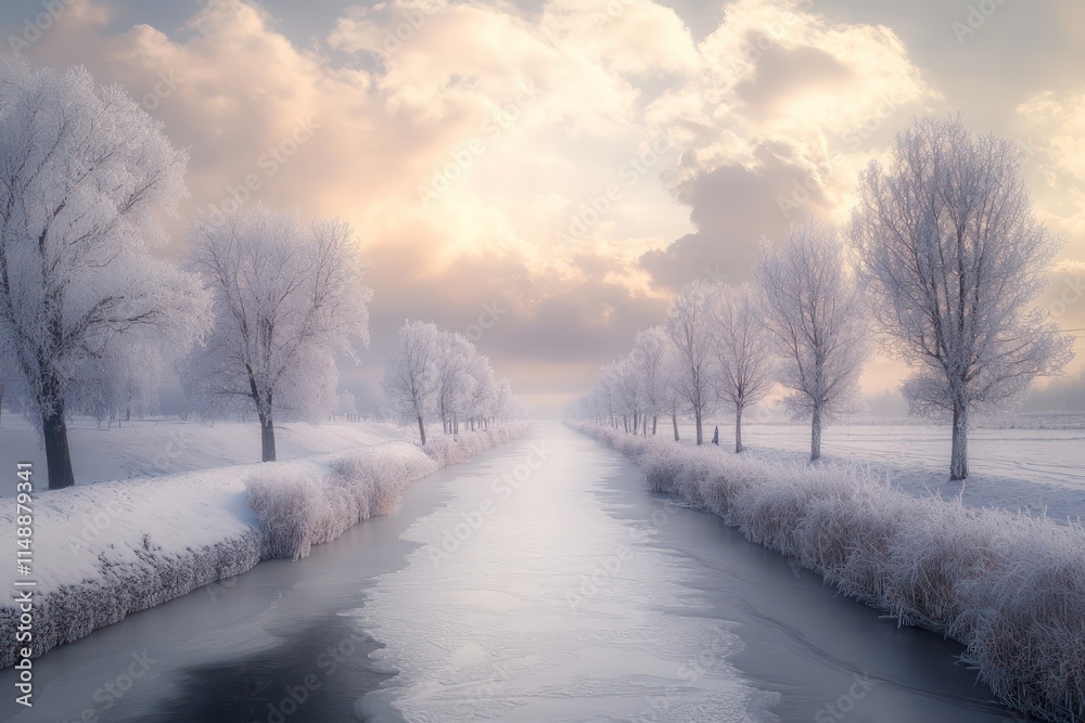 Fototapeta premium A quiet winter river frozen solid, flanked by frosted trees under a soft cloudy sky.