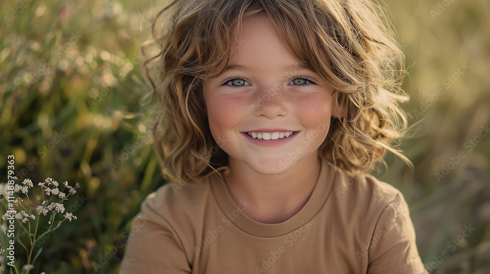 A close-up portrait of a cheerful child with sparkling eyes and a wide smile, sitting outdoors in a sunlit meadow, surrounded by soft-focus wildflowers for a natural and vibrant lo A close-up portrait of a cheerful child with sparkling eyes and a wide smile, sitting outdoors in a sunlit meadow, surrounded by soft-focus wildflowers for a natural and vibrant lo