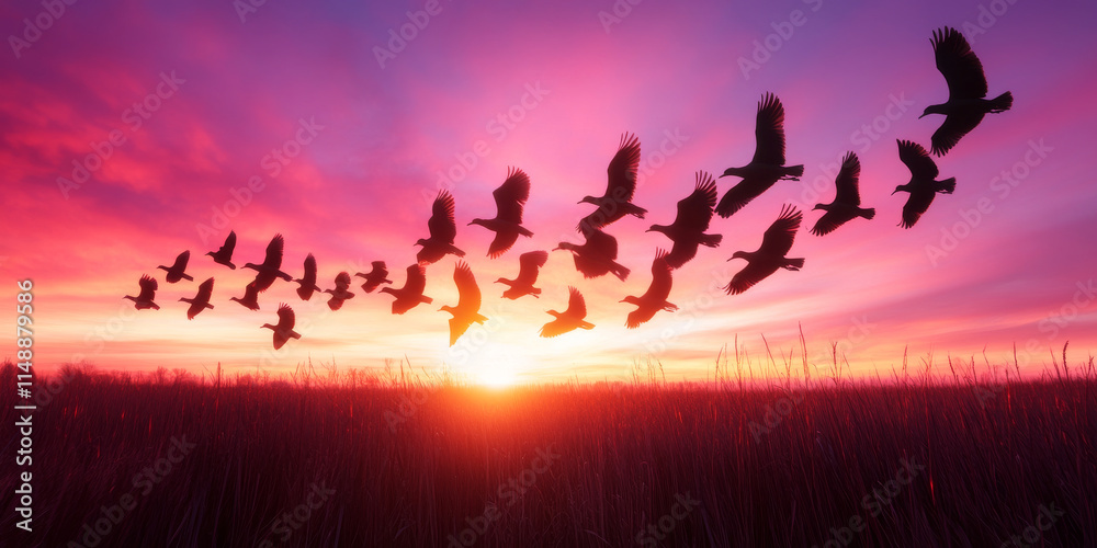 flock of birds flying at sunset over vibrant sky and grassland flock of birds flying at sunset over vibrant sky and grassland