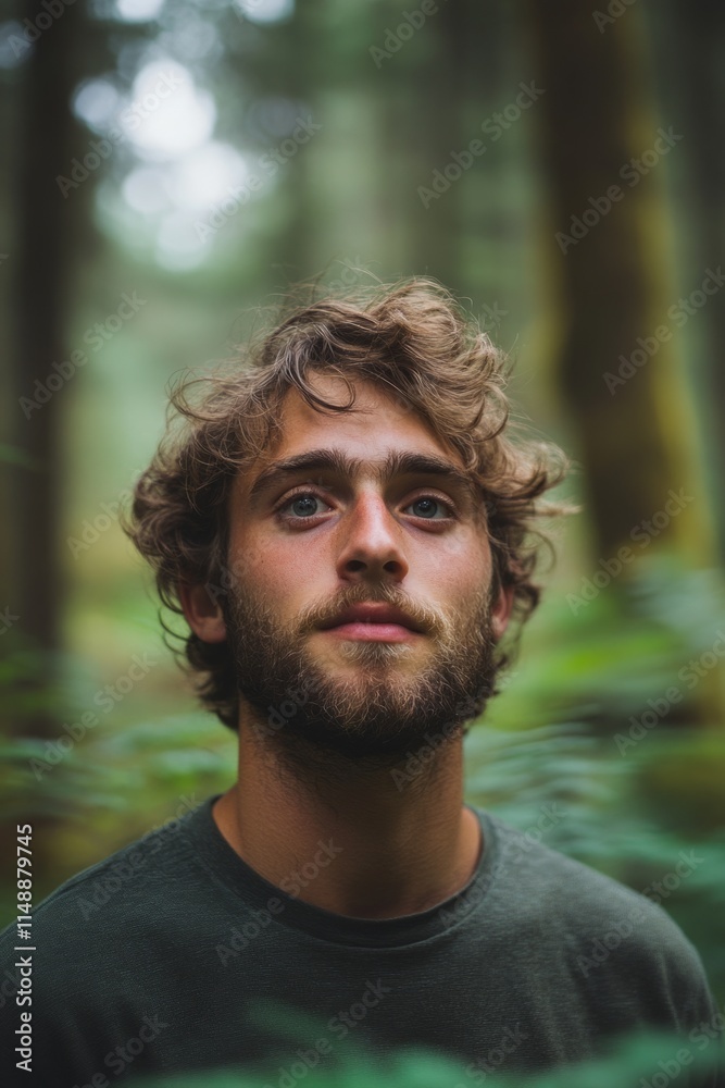 Portrait of a confident young man with curly hair and beard posing in a lush green forest Portrait of a confident young man with curly hair and beard posing in a lush green forest