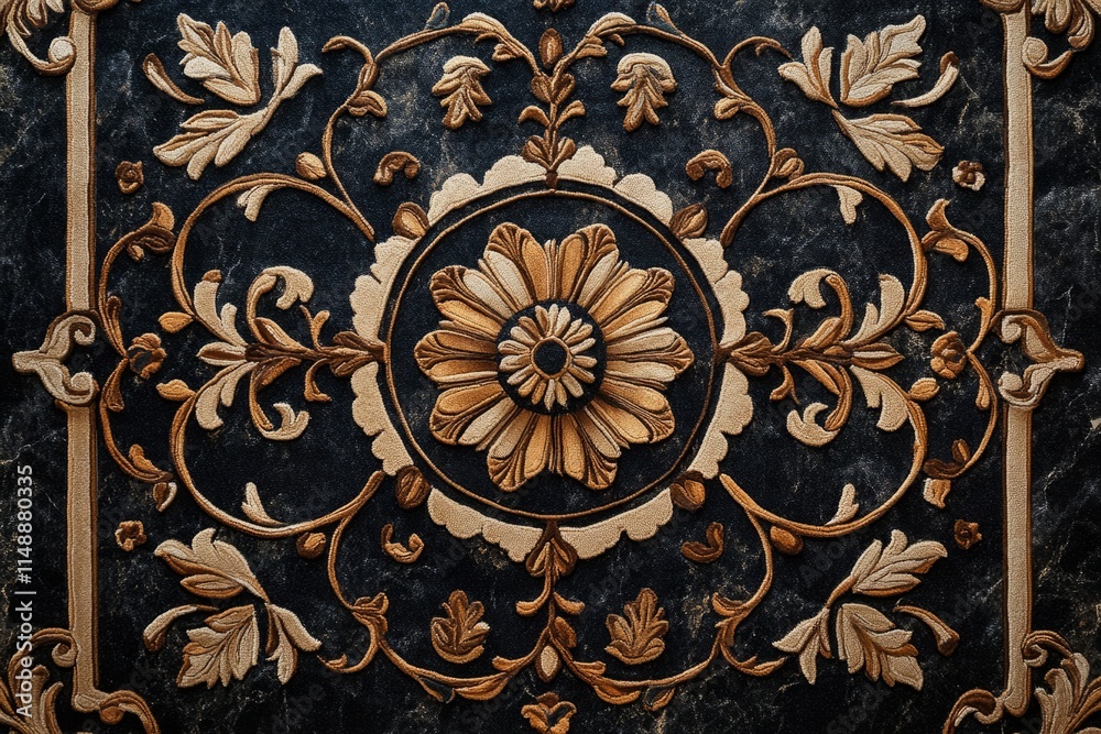 Intricate golden floral damask pattern adorns a luxurious deep blue surface, creating an opulent and elegant design Intricate golden floral damask pattern adorns a luxurious deep blue surface, creating an opulent and elegant design