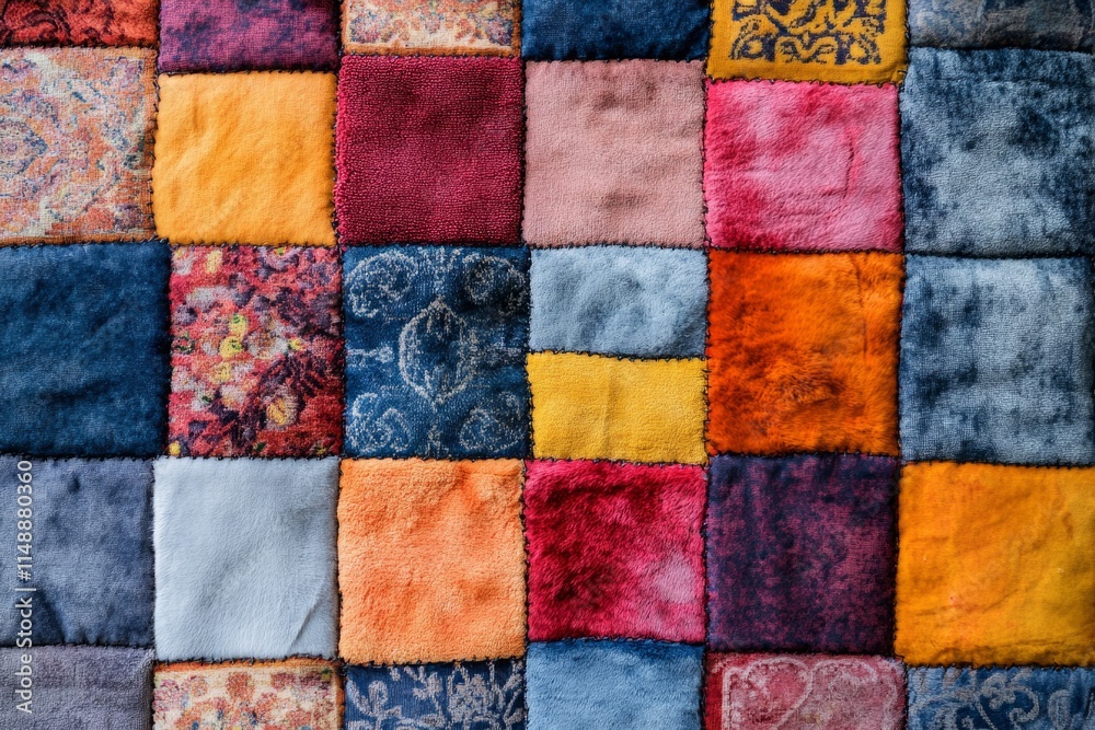 Close-up of a patchwork carpet showcasing a variety of colors, patterns, and textures, creating a visually appealing tapestry Close-up of a patchwork carpet showcasing a variety of colors, patterns, and textures, creating a visually appealing tapestry