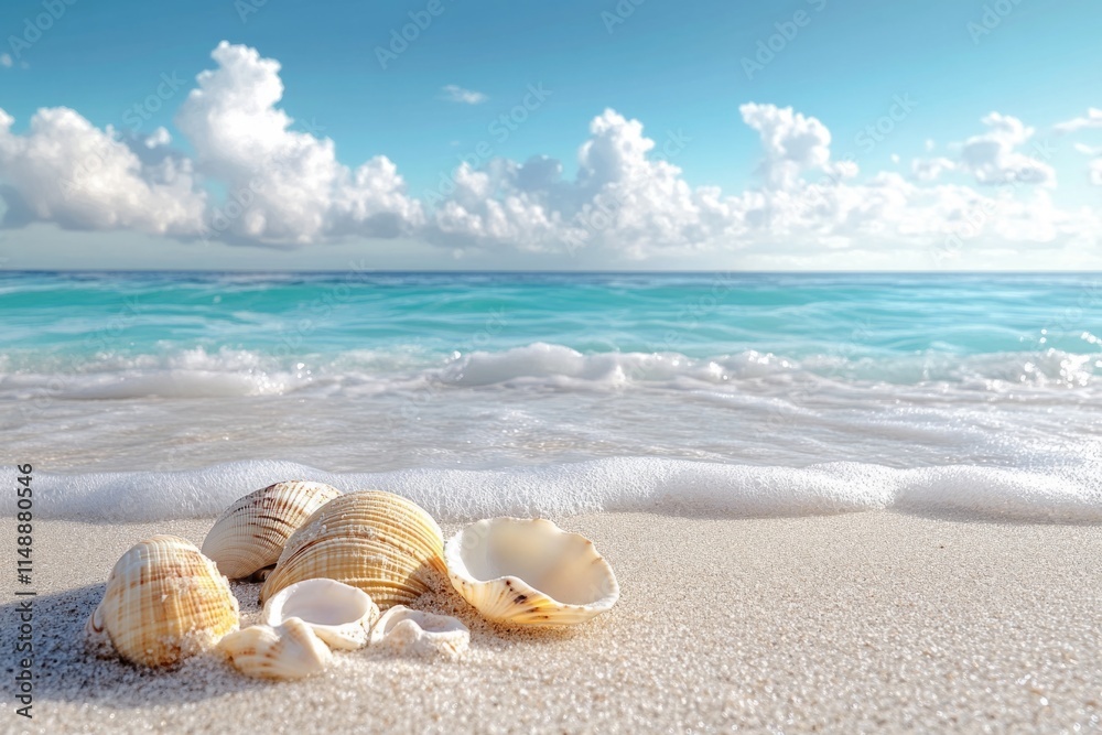 Seashells lie on the beach as turquoise waves gently wash the shore, and fluffy white clouds drift across the sky Seashells lie on the beach as turquoise waves gently wash the shore, and fluffy white clouds drift across the sky