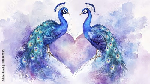 Watercolor Peacocks Heart Shaped Love - Two peacocks form a heart, symbolizing love, loyalty, beauty, grace, and togetherness. A romantic watercolor painting.
