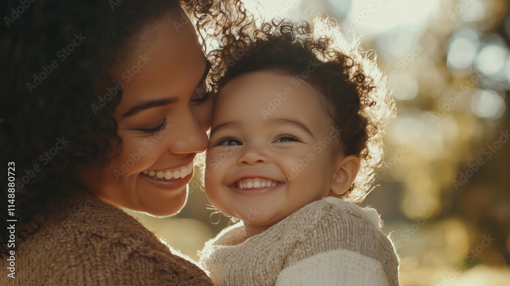 Obraz premium A close-up portrait of a mother and child cheek-to-cheek, smiling brightly, with a blurred outdoor park setting and golden sunlight creating a natural, heartfelt vibe.
