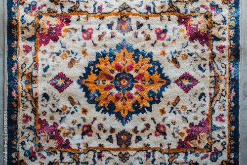 Close-up view of a vibrant persian rug, showcasing detailed floral patterns in rich colors on a cream background