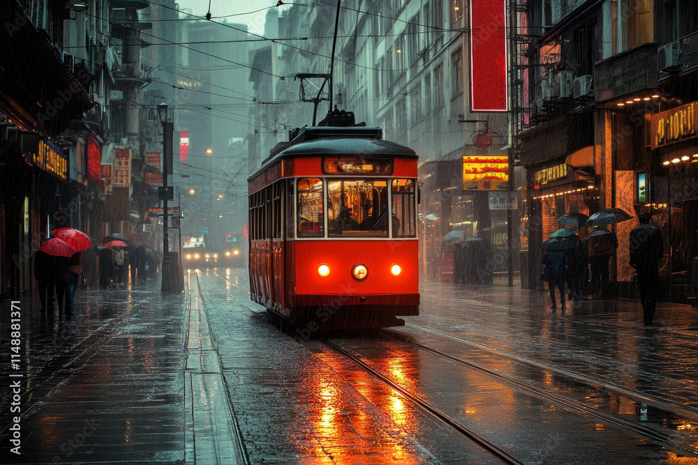 custom made wallpaper toronto digitalRed tram driving on wet city street during rain at dusk with pedestrians holding umbrellas