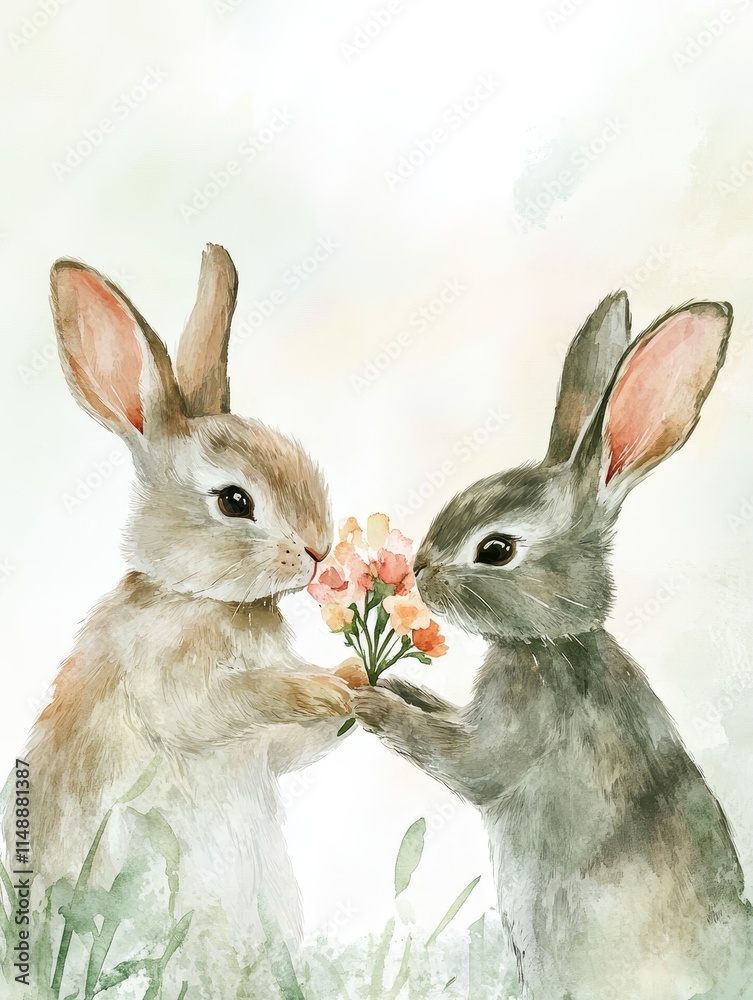 Obraz premium Watercolor Rabbits Exchanging Flowers - Two adorable watercolor rabbits gently exchange a bouquet of light green flowers, symbolizing friendship, gentleness, spring, nature, and love.