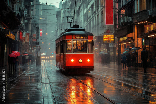 Wallpaper Mural Red tram driving on wet city street during rain at dusk with pedestrians holding umbrellas Torontodigital.ca