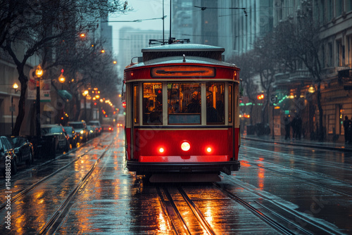 Wallpaper Mural Red tram driving through city street on a rainy evening with blurred lights and reflections Torontodigital.ca