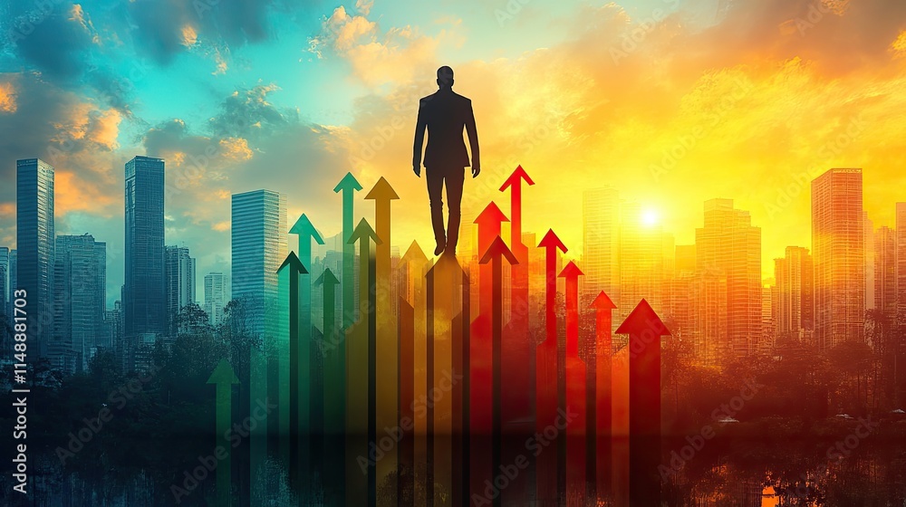 Businessman standing on top of ascending graph arrows amidst a vibrant cityscape at sunset, symbolizing success and growth Businessman standing on top of ascending graph arrows amidst a vibrant cityscape at sunset, symbolizing success and growth