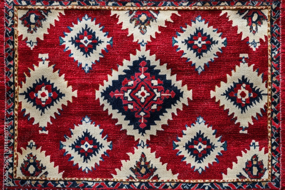 Close-up view of a vibrant handmade rug, showcasing detailed geometric patterns in red, white, and blue, representing rich cultural heritage