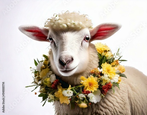 Flauschiges Lamm mit Ostergirlande vor weißem Hintergrund photo