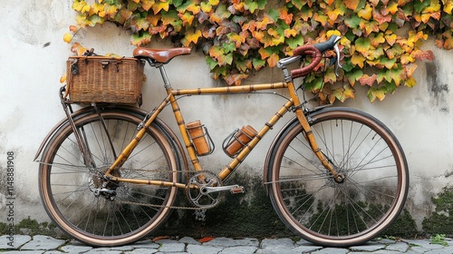 A vintage bamboo bicycle with a wicker basket against a textured wall covered in colorful autumn leaves