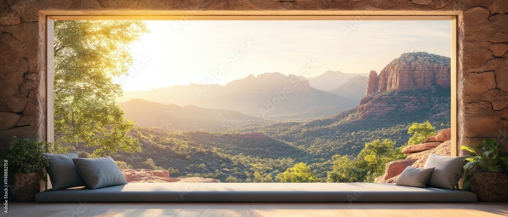 Fototapeta premium Serene Mountain Vista from a Cozy Window Seat