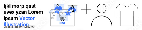 Two individuals shopping online with a laptop, shopping cart icon, plus sign, user figure, and T-shirt icon. Ideal for online retail, digital marketing, e-commerce platforms, user interaction