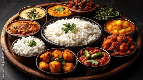 An exquisite and colorful traditional Indian meal featuring an assortment of dishes beautifully arranged on a wooden platter