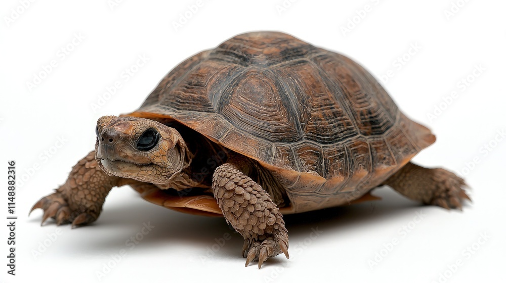 Obraz premium A small brown tortoise isolated on a white background.