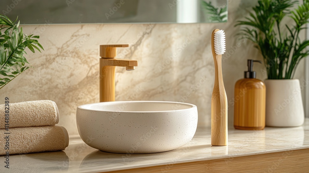 Fototapeta premium Modern bathroom sink setup featuring natural elements and minimalist design with a toothbrush and soft towels
