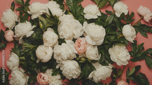 Spring Horizontal Floral Peony banner. Beautiful nature season background. Copy space for text, selective focus. Bloom summer aesthetic.