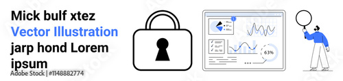 Lock icon, dashboard screen with data charts, person pointing at speech bubble. Ideal for security, analytics, data protection, business intelligence, presentations, information security