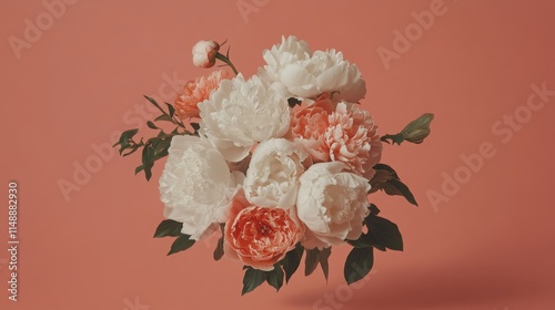 Spring Horizontal Floral Peony banner. Beautiful nature season background. Copy space for text, selective focus. Bloom summer aesthetic.