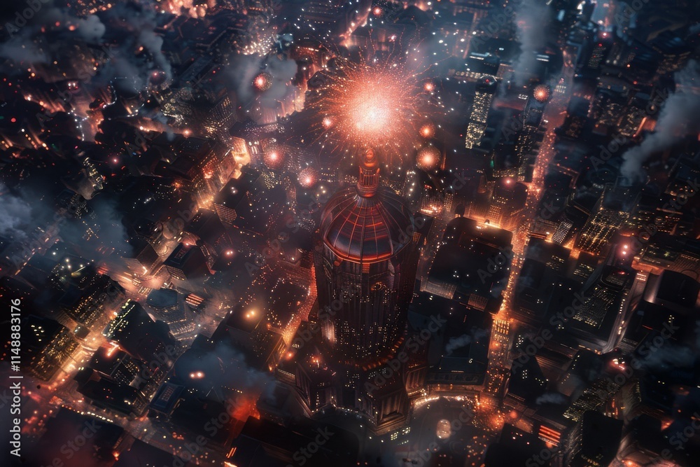 Obraz premium Breathtaking Aerial View of a City Fireworks Celebration