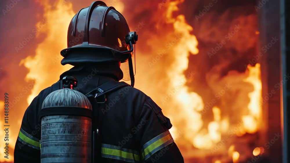 Firefighter Battling Blaze in Full Gear
