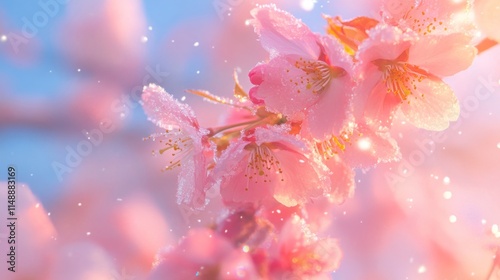 Spring Horizontal banner with sakura flowers. Beautiful nature season background with a branch of blooming cherry. Copy space for text, selective focus