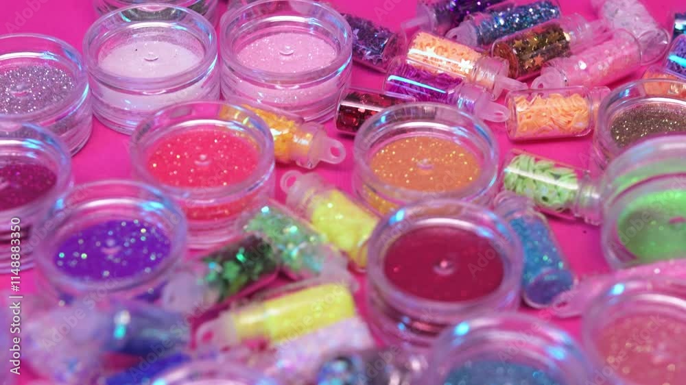 Collection of small plastic containers filled with various colors of glitter, on a pink surface. The vibrant and diverse colors of the glitter. Crafts, makeup, decoration concepts
